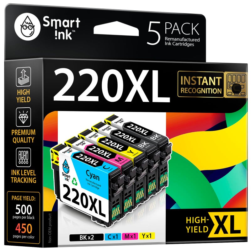 Smart Ink Remanufactured Ink Cartridge Replacement for Epson 220 XL T220 220XL 5 Multipack (2 Black, C/M/Y) to use with Workforce WF2630 WF2650 WF2750 Expression Home XP320 XP420 XP424 Printer - Image 1